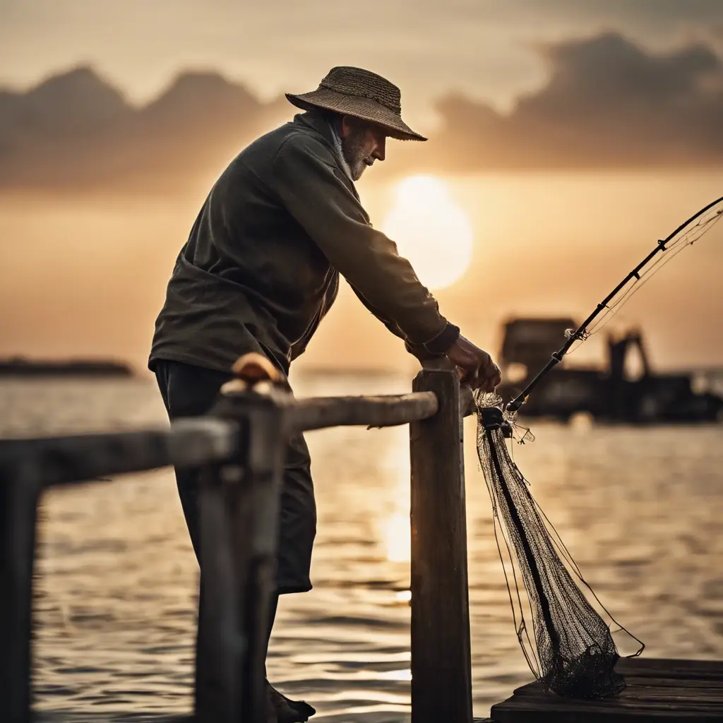 a candid shot of a fisherman on a dock by the sea, with the setting sun in the background.